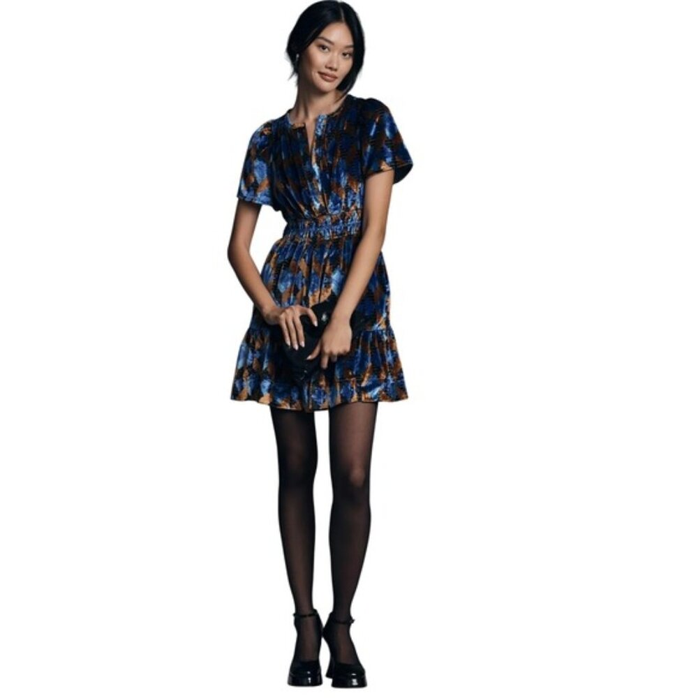 Anthropologie The Somerset Mini Dress Velvet Edition Size X-SMALL Blue Geo